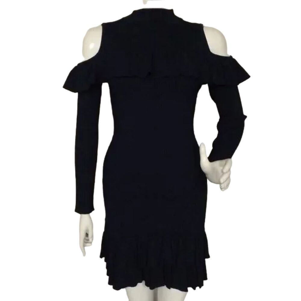 BEBE Dress, M, Blue Ribbed Knit, Cold Shoulder/Long sleeves, Ruffles, stretch